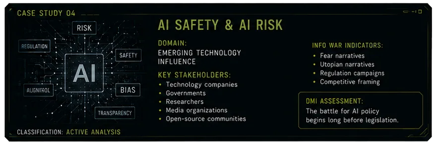 Case Study 04 — AI safety and AI risk. Domain: emerging technology influence. DMI assessment: the battle for AI policy begins long before legislation.