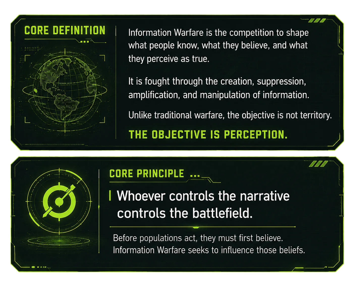 Core Definition: Information Warfare is the competition to shape what people know, what they believe, and what they perceive as true. The objective is perception. Core Principle: Whoever controls the narrative controls the battlefield.