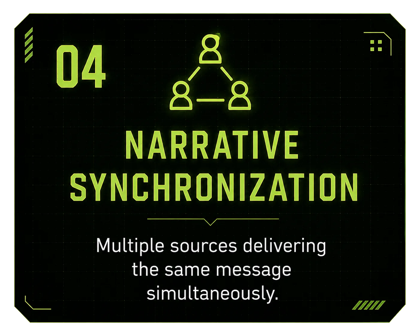 04 Narrative Synchronization — multiple sources delivering the same message simultaneously.