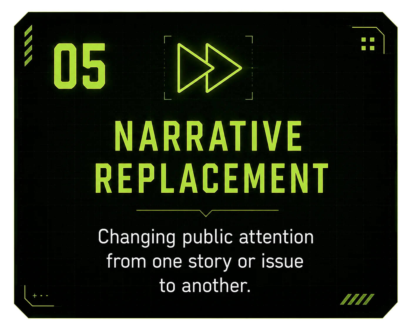 05 Narrative Replacement — changing public attention from one story or issue to another.
