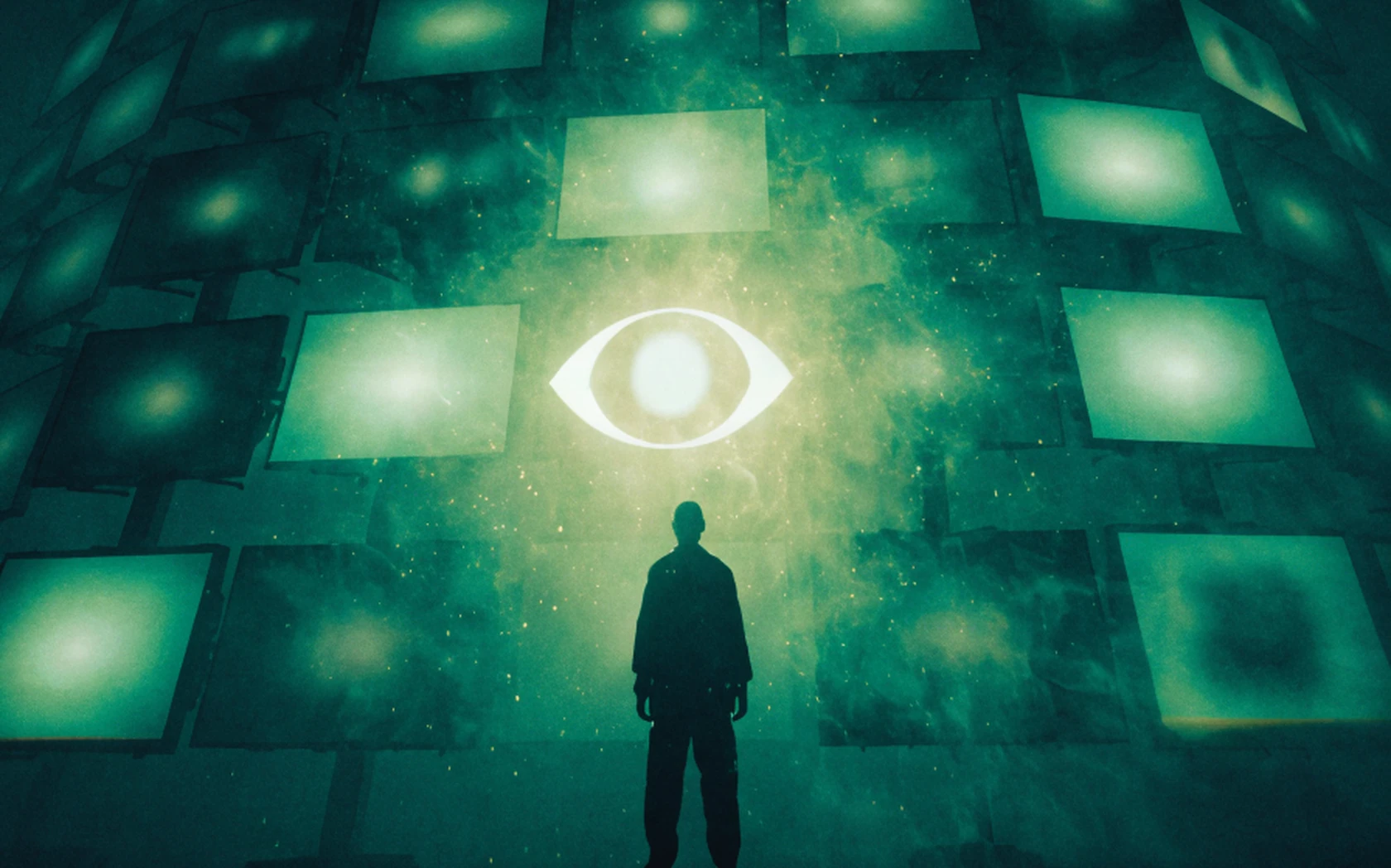 A lone hooded figure stands before a towering wall of glowing screens with a single luminous eye burning at its centre.