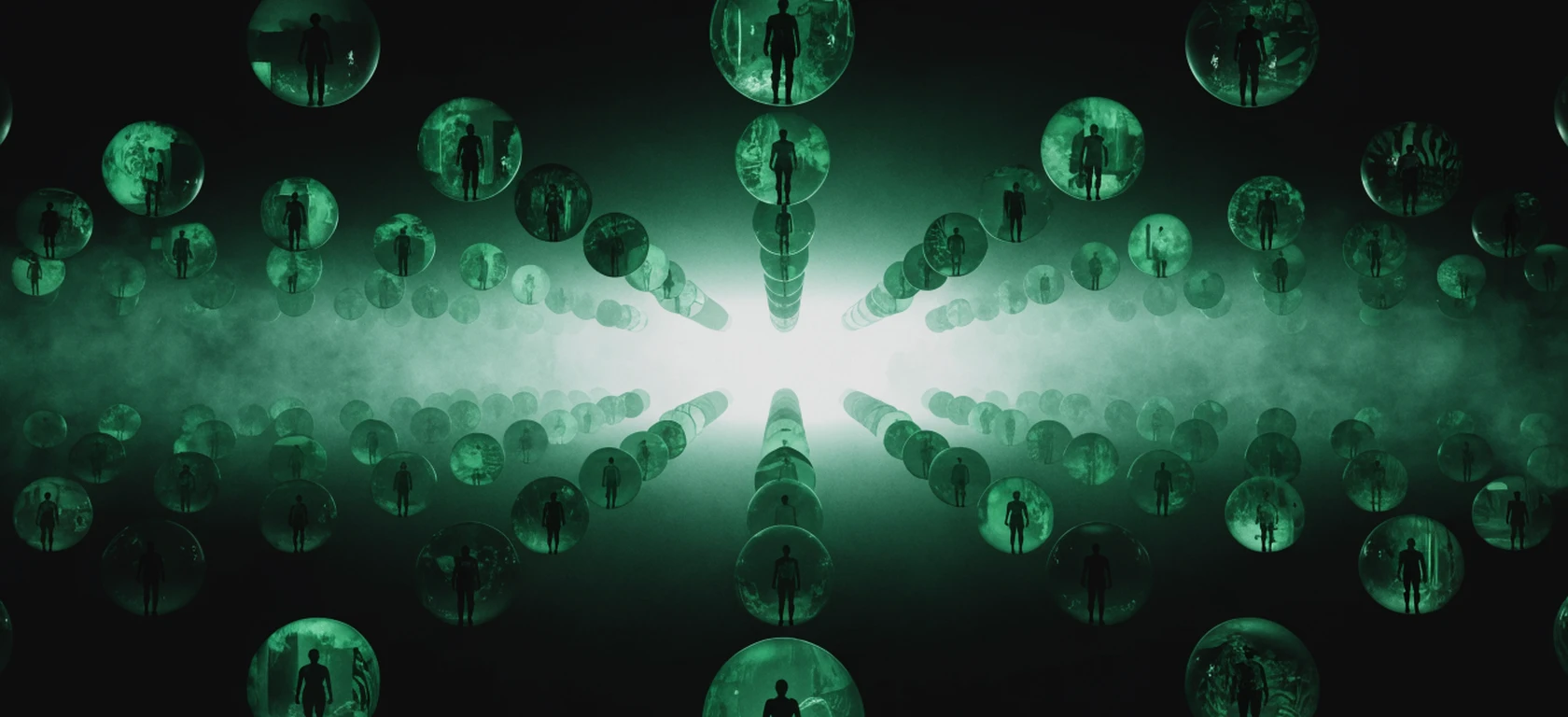 A crowd of figures each sealed inside a separate glowing bubble, none able to see past their own.