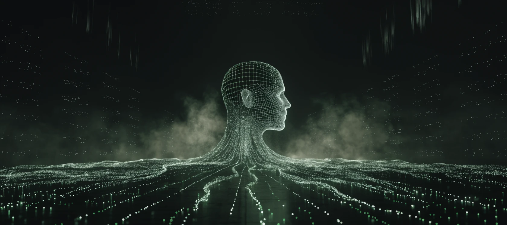 Streams of light converge from thousands of points into the outline of a single human head.