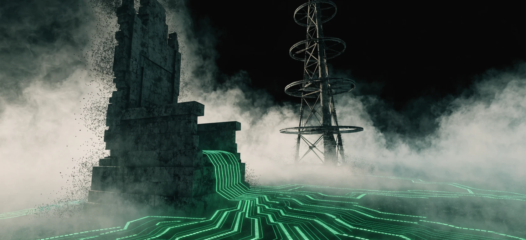 A crumbling throne and a dead broadcast tower dissolving into a spreading lattice of live circuitry.
