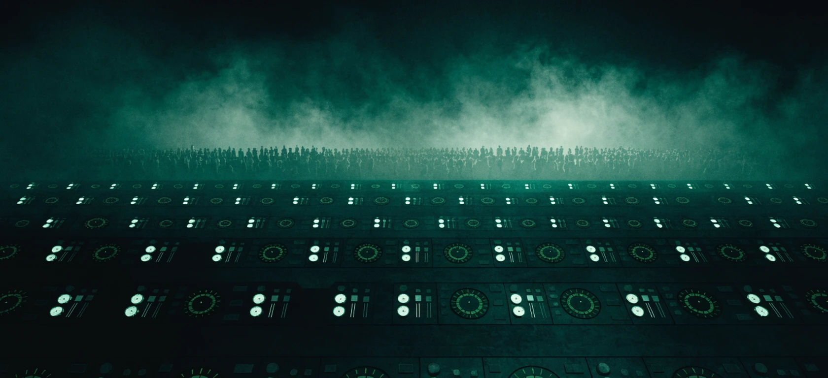 An immense unmanned control console of glowing dials facing an ordered crowd.